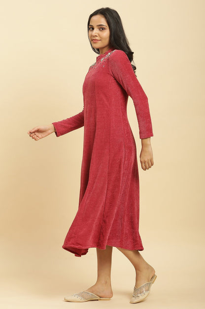 W for Woman Red Embellished Winter Flared Dress