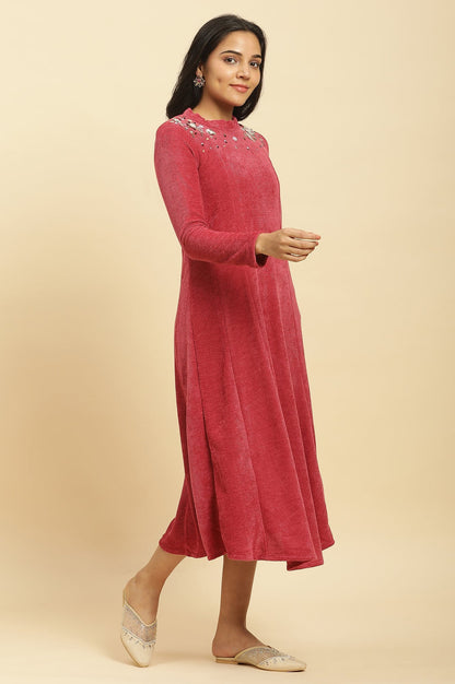 W for Woman Red Embellished Winter Flared Dress