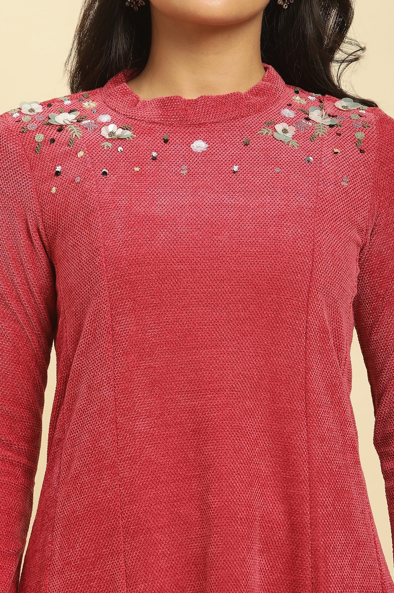 W for Woman Red Embellished Winter Flared Dress