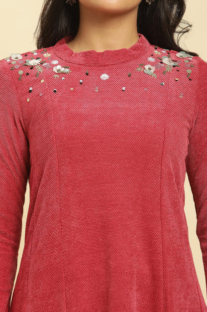 W for Woman Red Embellished Winter Flared Dress