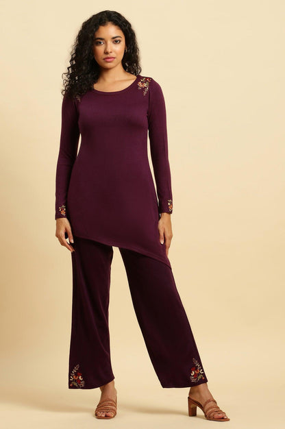 W for Woman Purple Embroidered Asymmetrical Winter Kurta And Pants Set