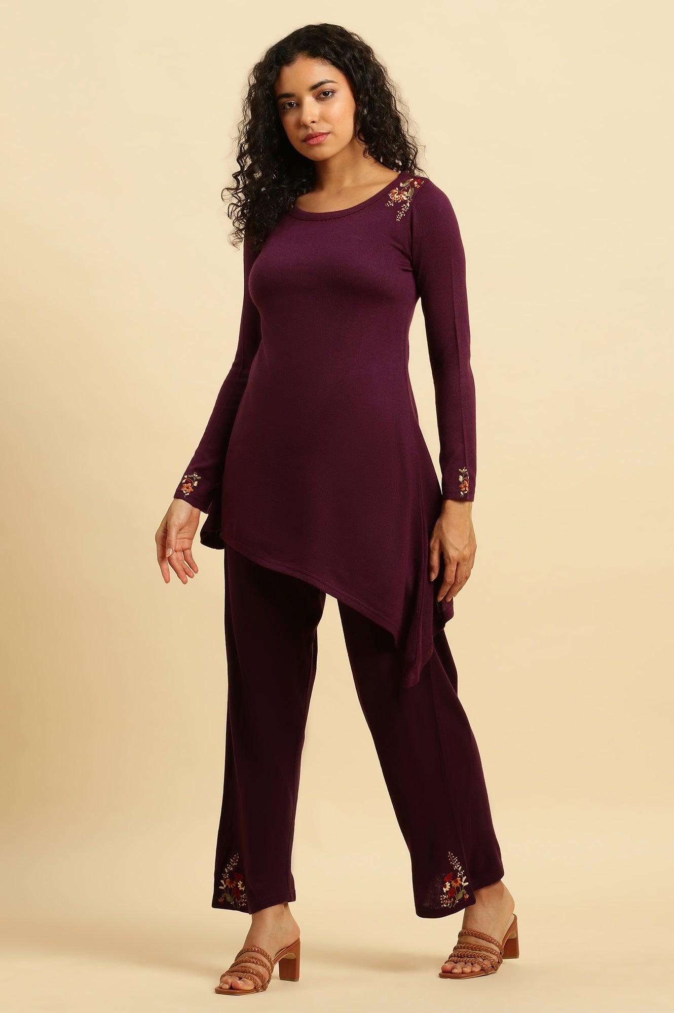 W for Woman Purple Embroidered Asymmetrical Winter Kurta And Pants Set