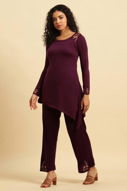 W for Woman Purple Embroidered Asymmetrical Winter Kurta And Pants Set