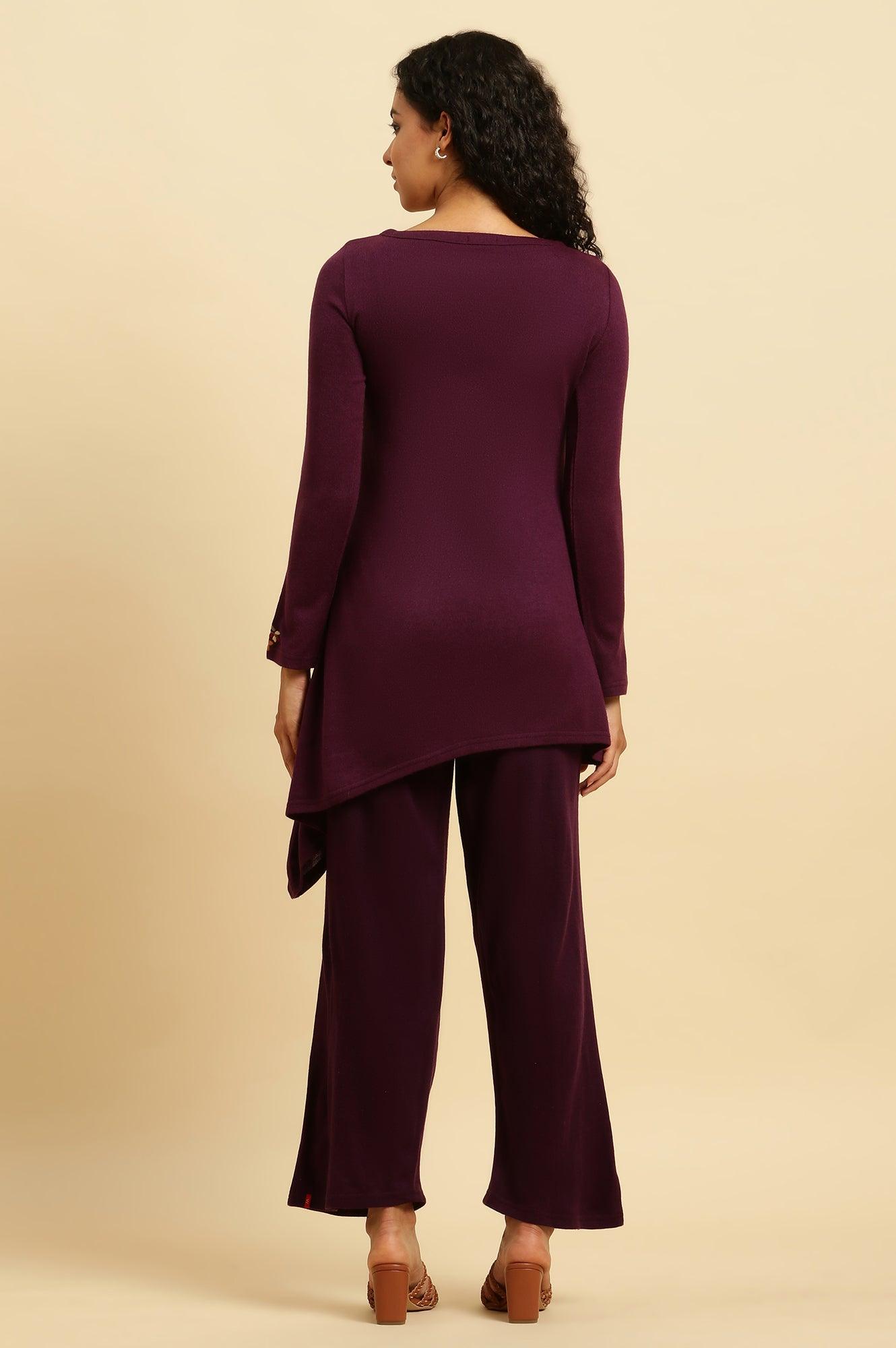 W for Woman Purple Embroidered Asymmetrical Winter Kurta And Pants Set