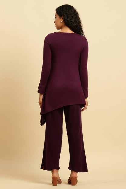 W for Woman Purple Embroidered Asymmetrical Winter Kurta And Pants Set