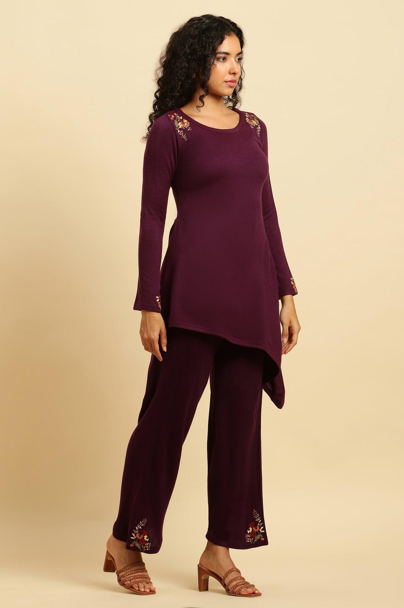 W for Woman Purple Embroidered Asymmetrical Winter Kurta And Pants Set