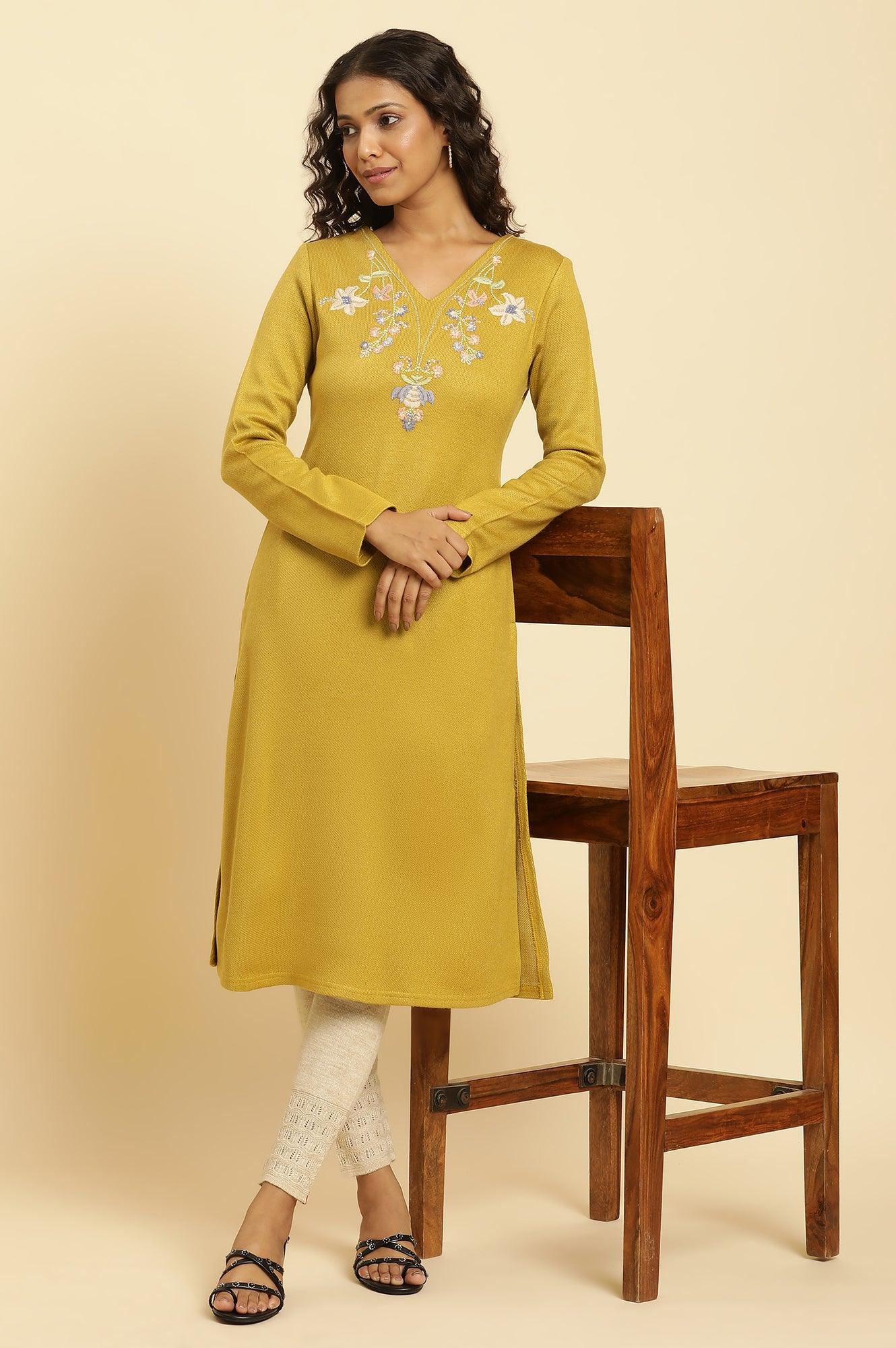 W for Woman Yellow Floral Embroidered Straight Winter Kurta And Tights Set