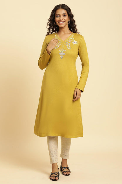 W for Woman Yellow Floral Embroidered Straight Winter Kurta And Tights Set