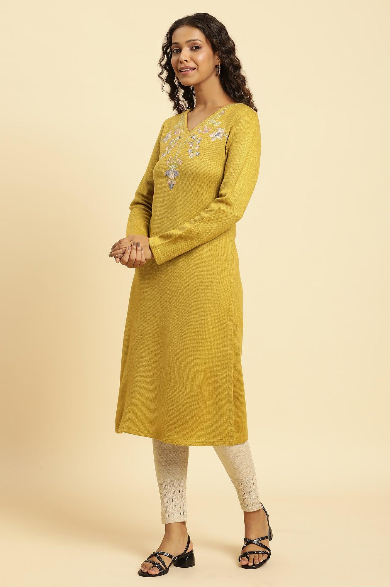 W for Woman Yellow Floral Embroidered Straight Winter Kurta And Tights Set