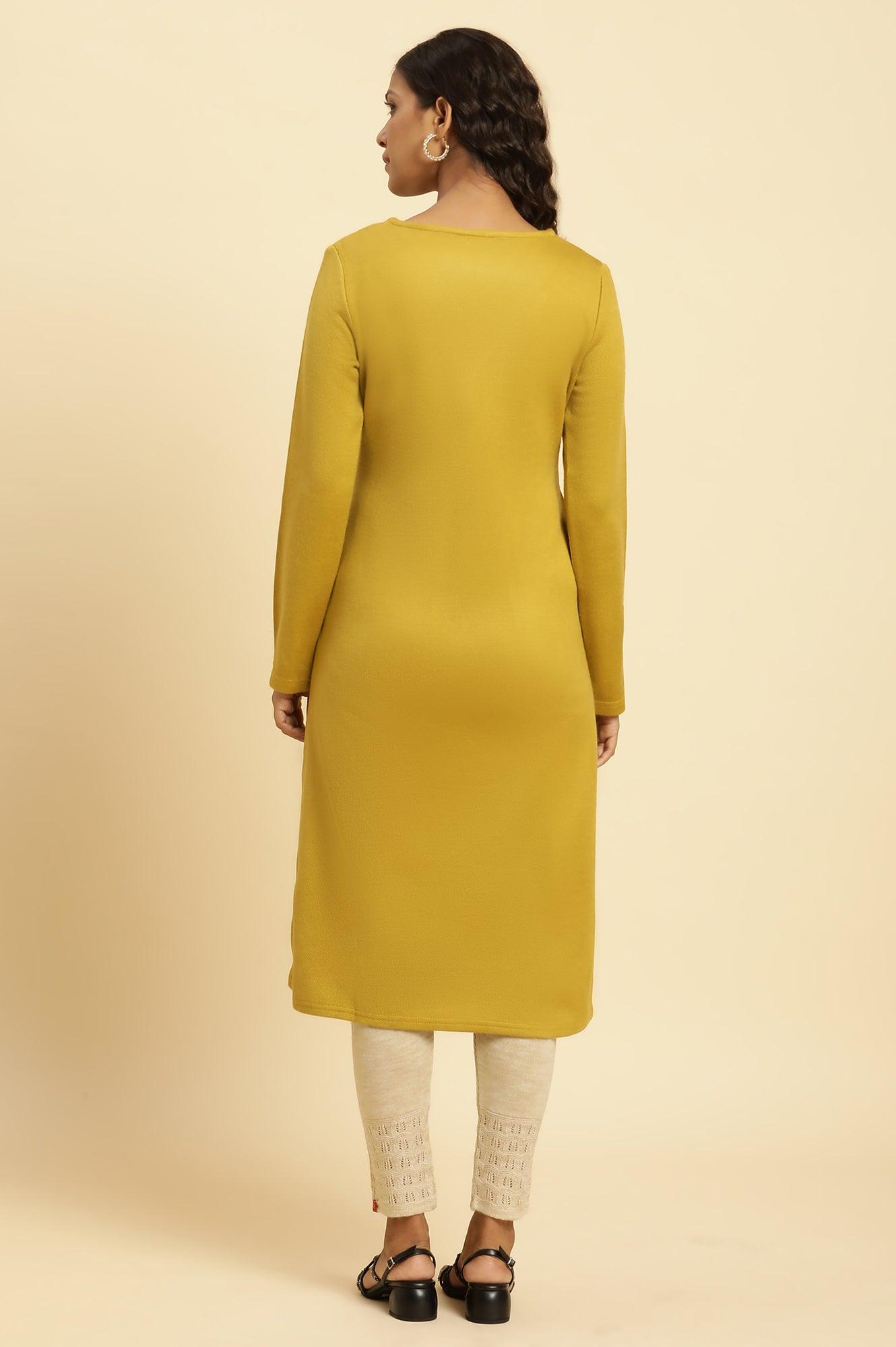 W for Woman Yellow Floral Embroidered Straight Winter Kurta And Tights Set