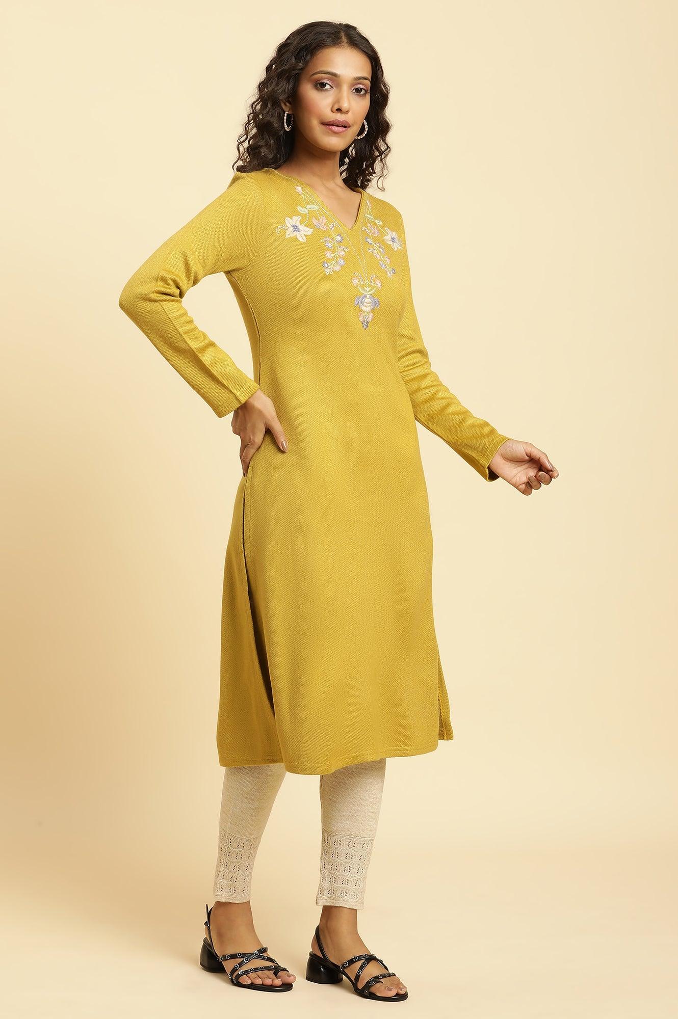 W for Woman Yellow Floral Embroidered Straight Winter Kurta And Tights Set
