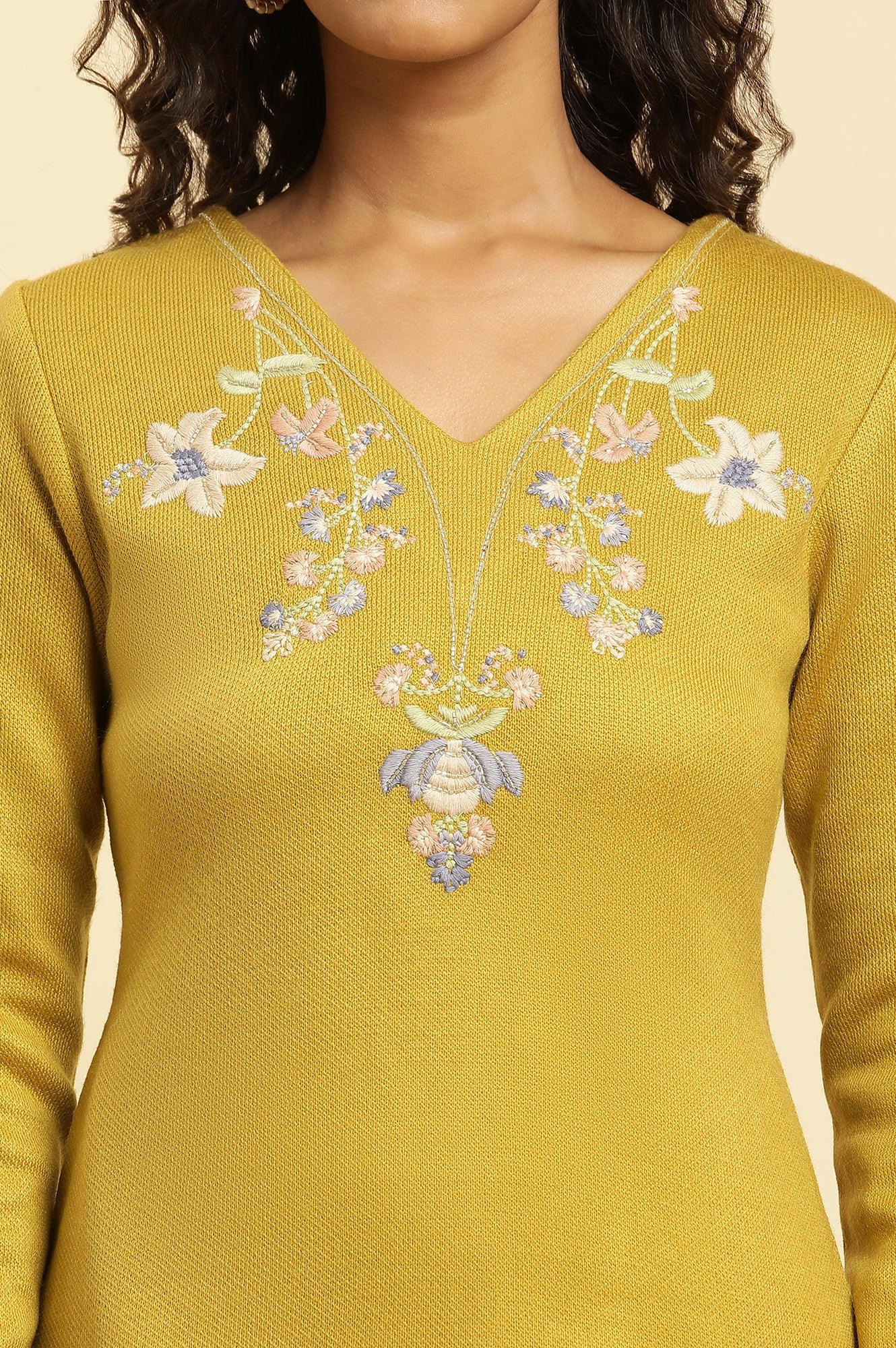 W for Woman Yellow Floral Embroidered Straight Winter Kurta And Tights Set