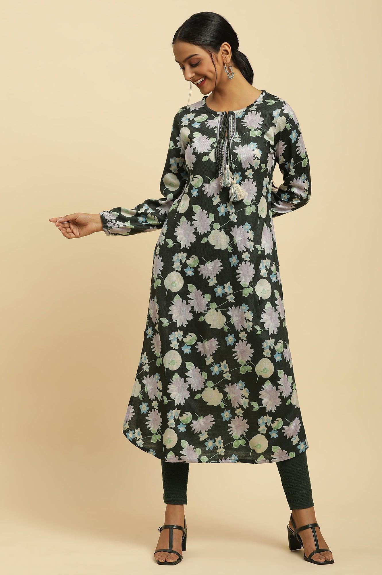 W for Woman Green Floral Printed Winter Kurta And Tights Set