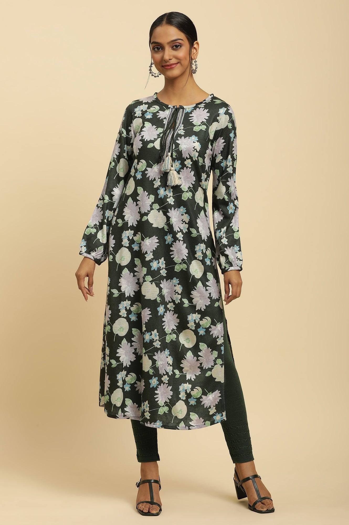 W for Woman Green Floral Printed Winter Kurta And Tights Set