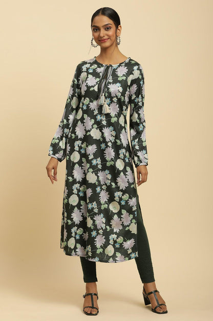 W for Woman Green Floral Printed Winter Kurta And Tights Set