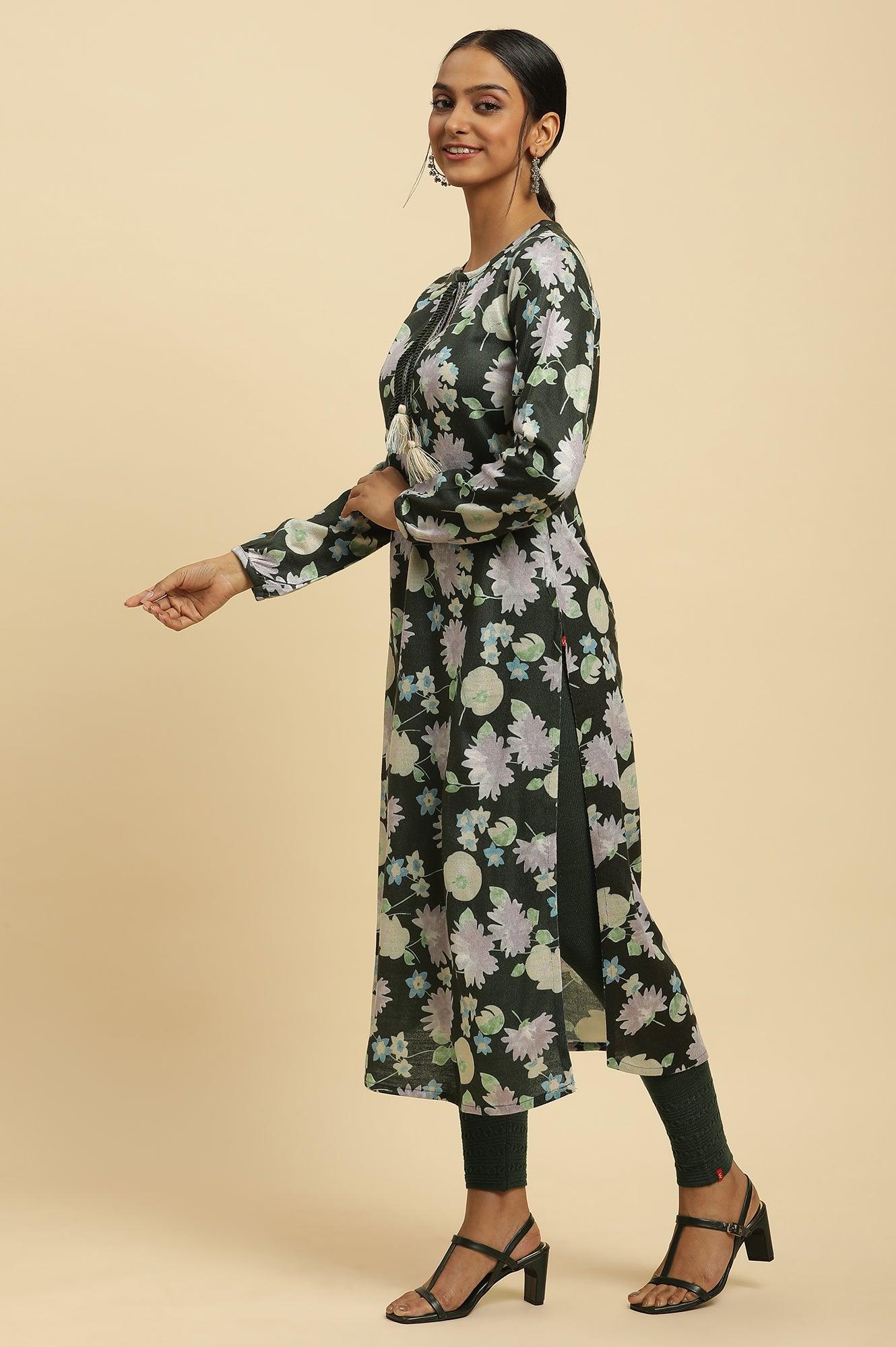 W for Woman Green Floral Printed Winter Kurta And Tights Set