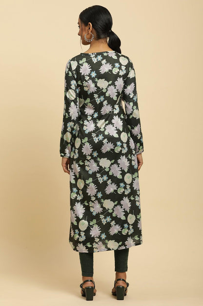 W for Woman Green Floral Printed Winter Kurta And Tights Set