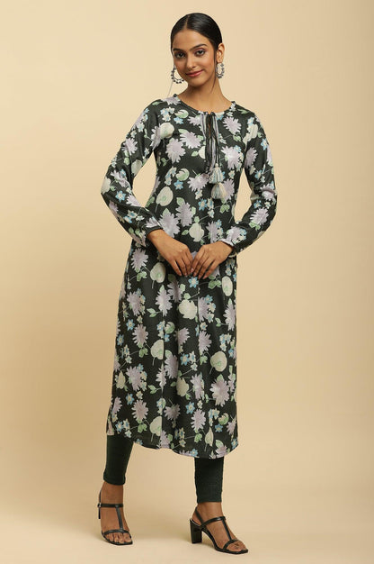 W for Woman Green Floral Printed Winter Kurta And Tights Set