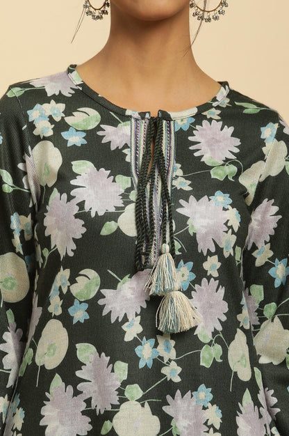 W for Woman Green Floral Printed Winter Kurta And Tights Set