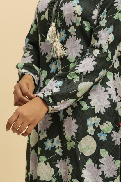 W for Woman Green Floral Printed Winter Kurta And Tights Set