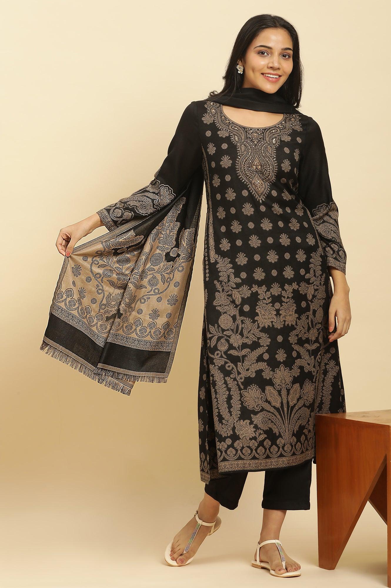 W for Woman Black Jacquard Winter Kurta, Pants And Dupatta Set