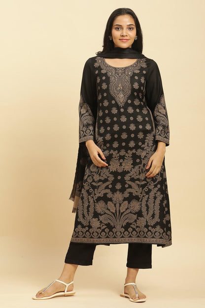 W for Woman Black Jacquard Winter Kurta, Pants And Dupatta Set