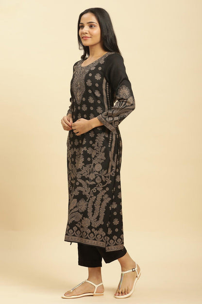 W for Woman Black Jacquard Winter Kurta, Pants And Dupatta Set