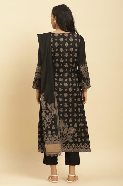 W for Woman Black Jacquard Winter Kurta, Pants And Dupatta Set