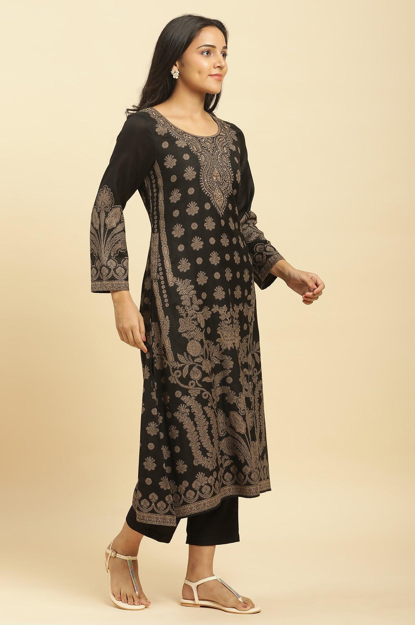 W for Woman Black Jacquard Winter Kurta, Pants And Dupatta Set