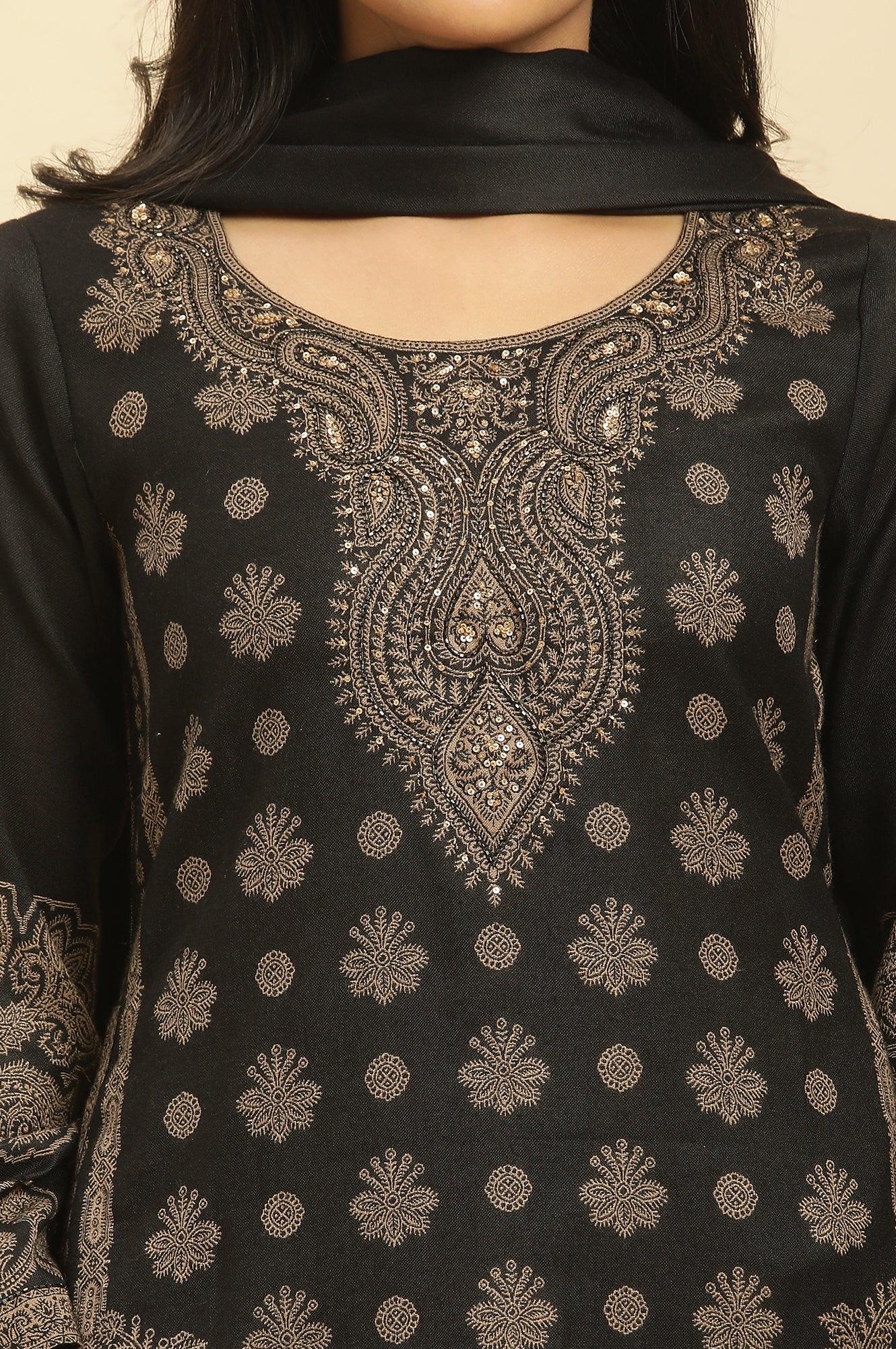 W for Woman Black Jacquard Winter Kurta, Pants And Dupatta Set