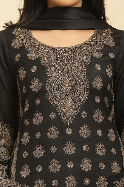 W for Woman Black Jacquard Winter Kurta, Pants And Dupatta Set