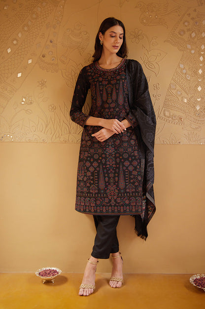 W for Woman Black Printed Acrylic Kurta, Pants And Shawl Set