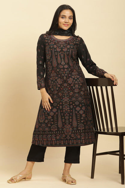 W for Woman Black Printed Acrylic Kurta, Pants And Shawl Set