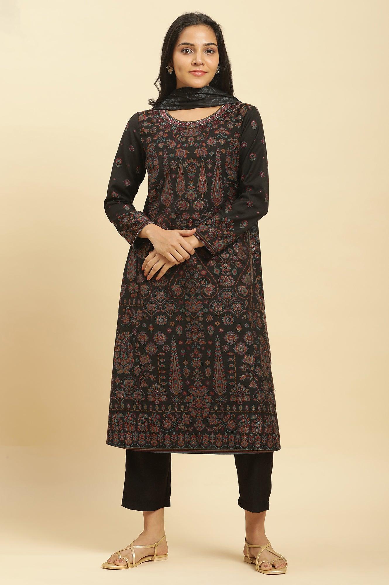 W for Woman Black Printed Acrylic Kurta, Pants And Shawl Set
