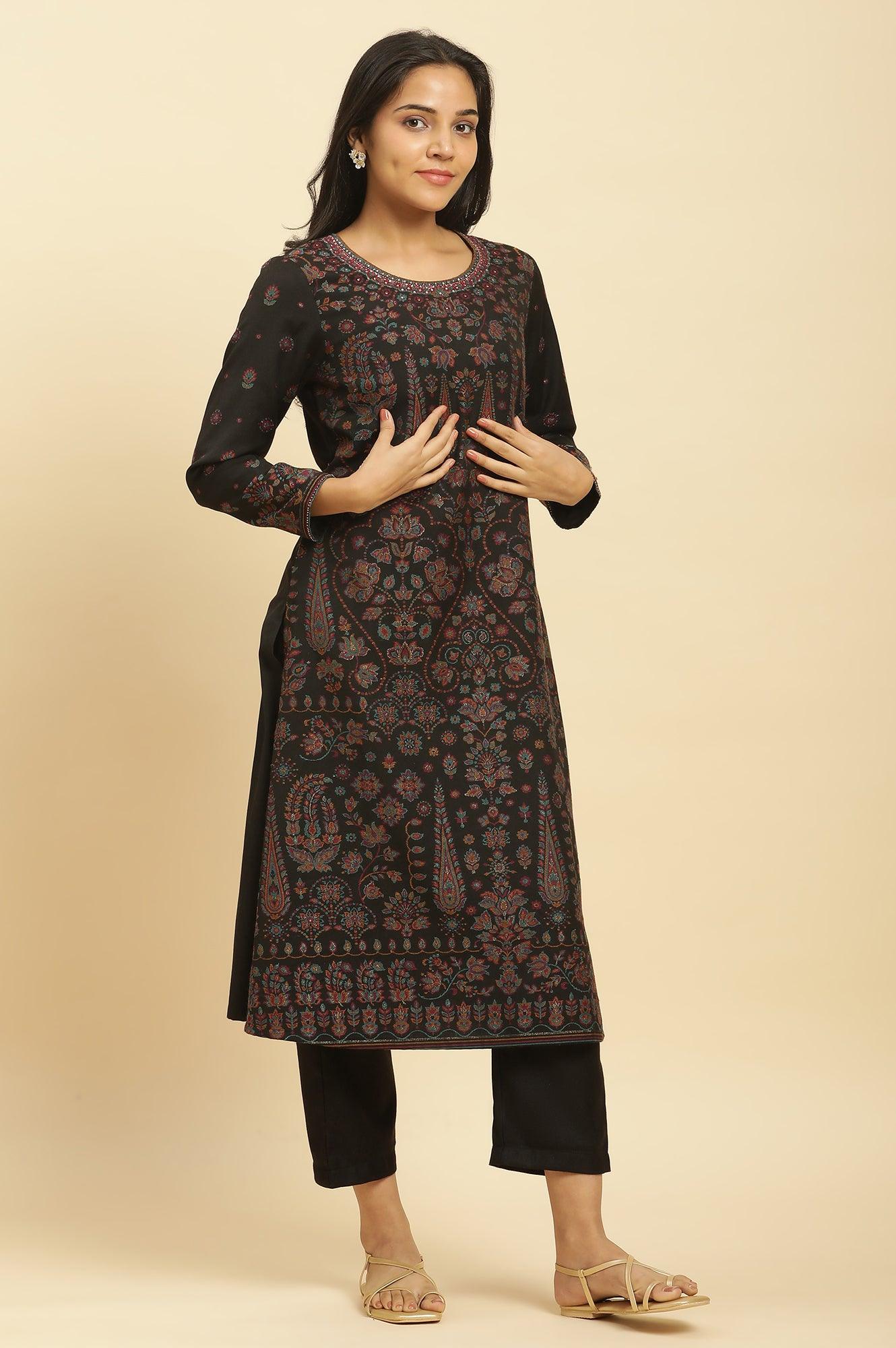 W for Woman Black Printed Acrylic Kurta, Pants And Shawl Set
