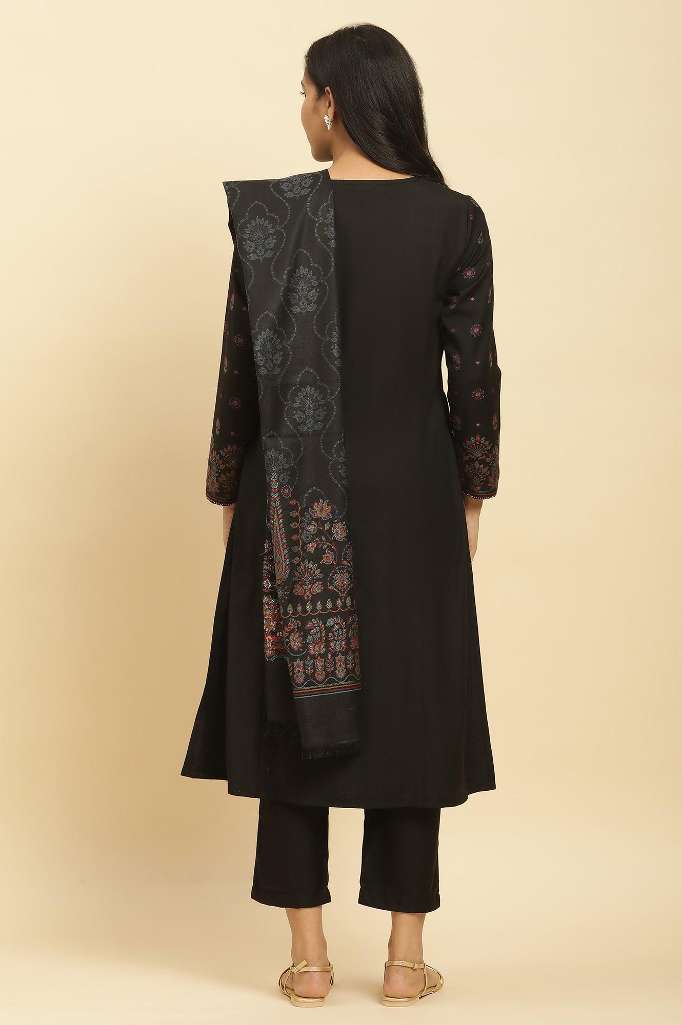 W for Woman Black Printed Acrylic Kurta, Pants And Shawl Set