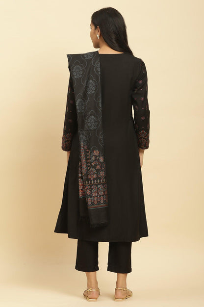 W for Woman Black Printed Acrylic Kurta, Pants And Shawl Set