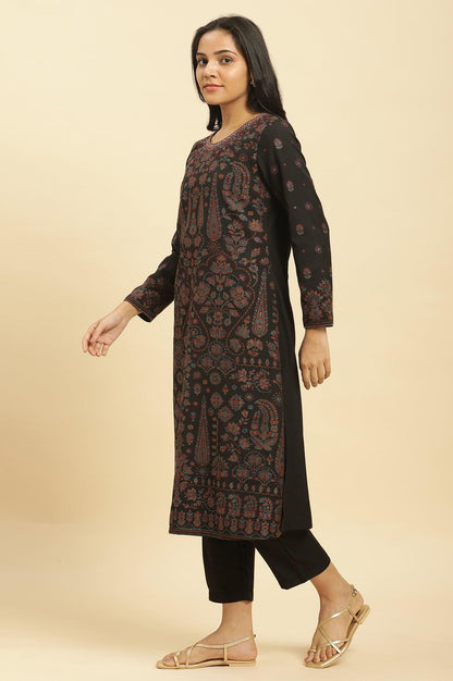 W for Woman Black Printed Acrylic Kurta, Pants And Shawl Set