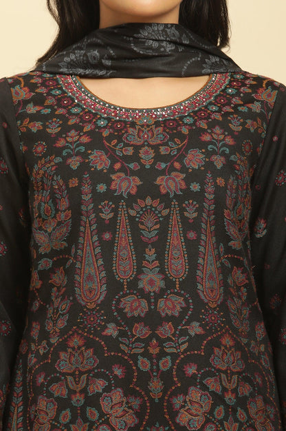 W for Woman Black Printed Acrylic Kurta, Pants And Shawl Set