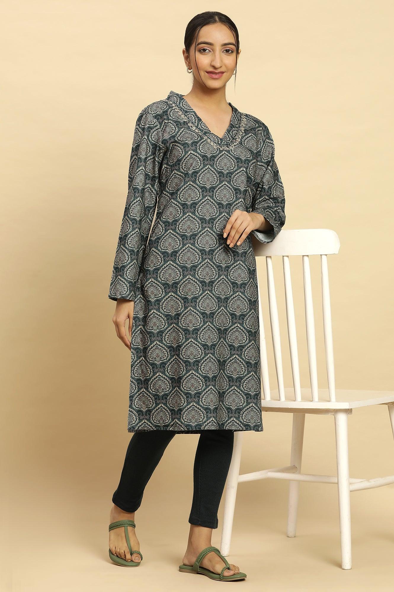 W for Woman Green Printed Winter Kurta And Tights Set