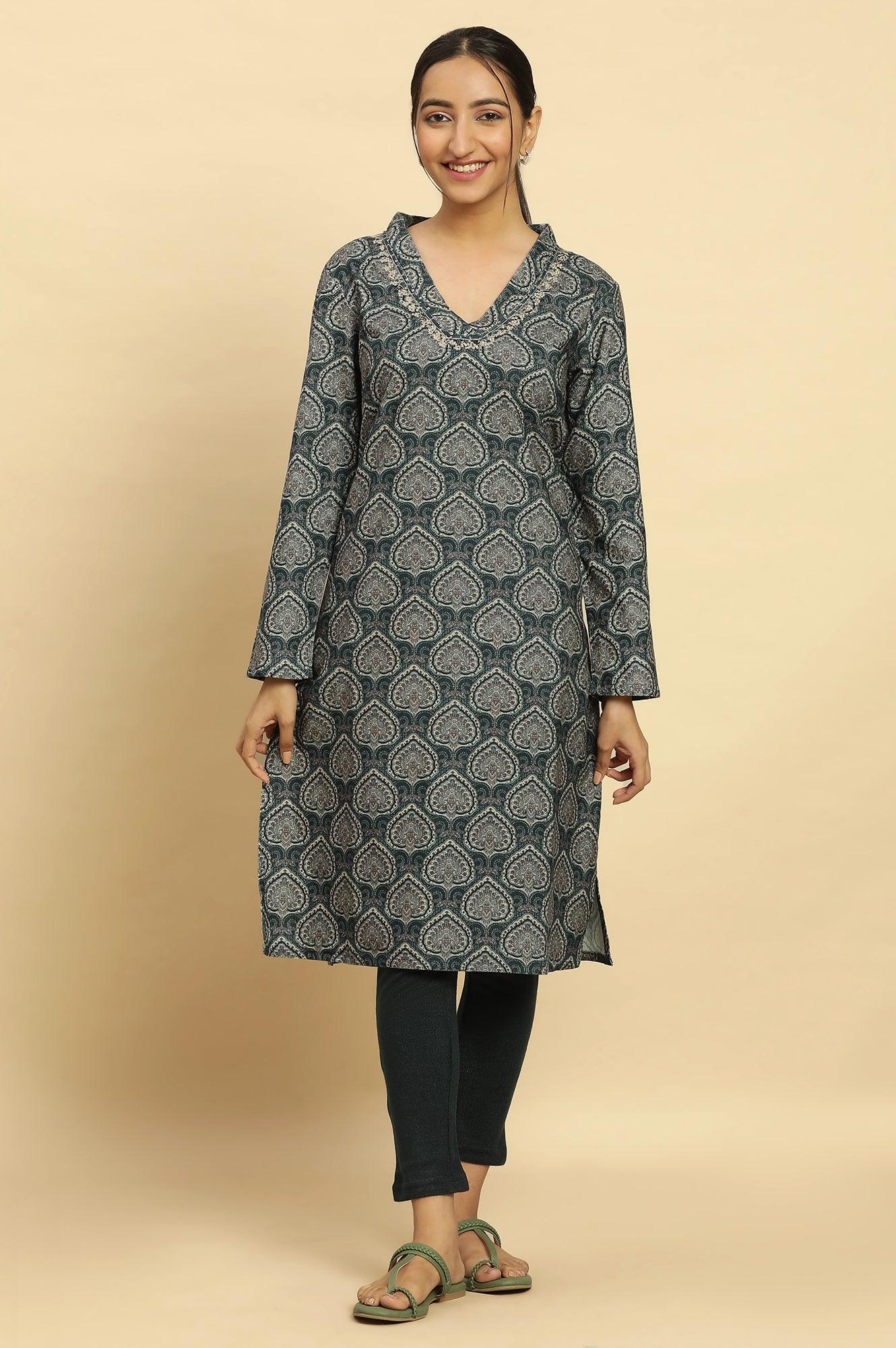 W for Woman Green Printed Winter Kurta And Tights Set
