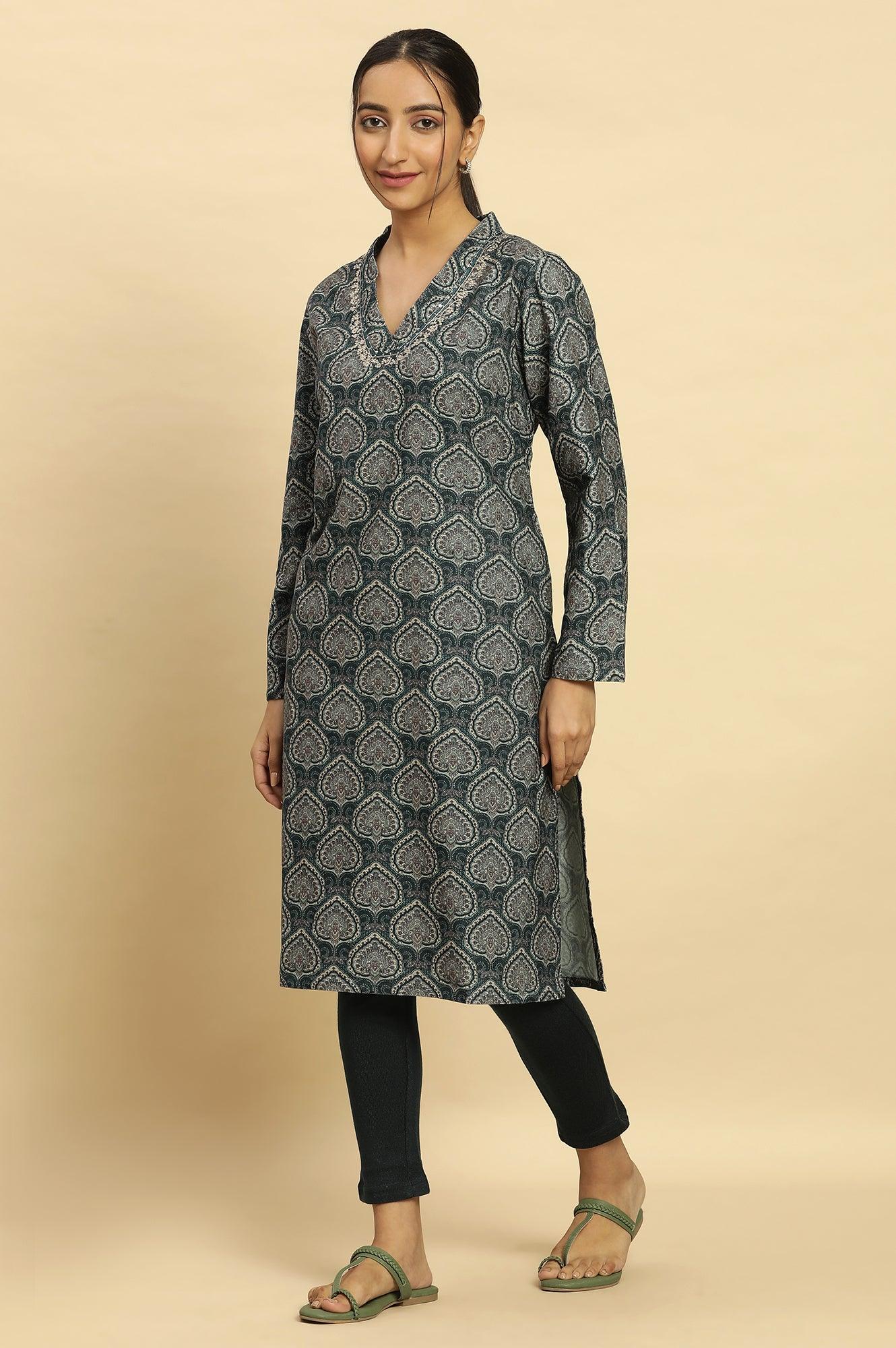 W for Woman Green Printed Winter Kurta And Tights Set