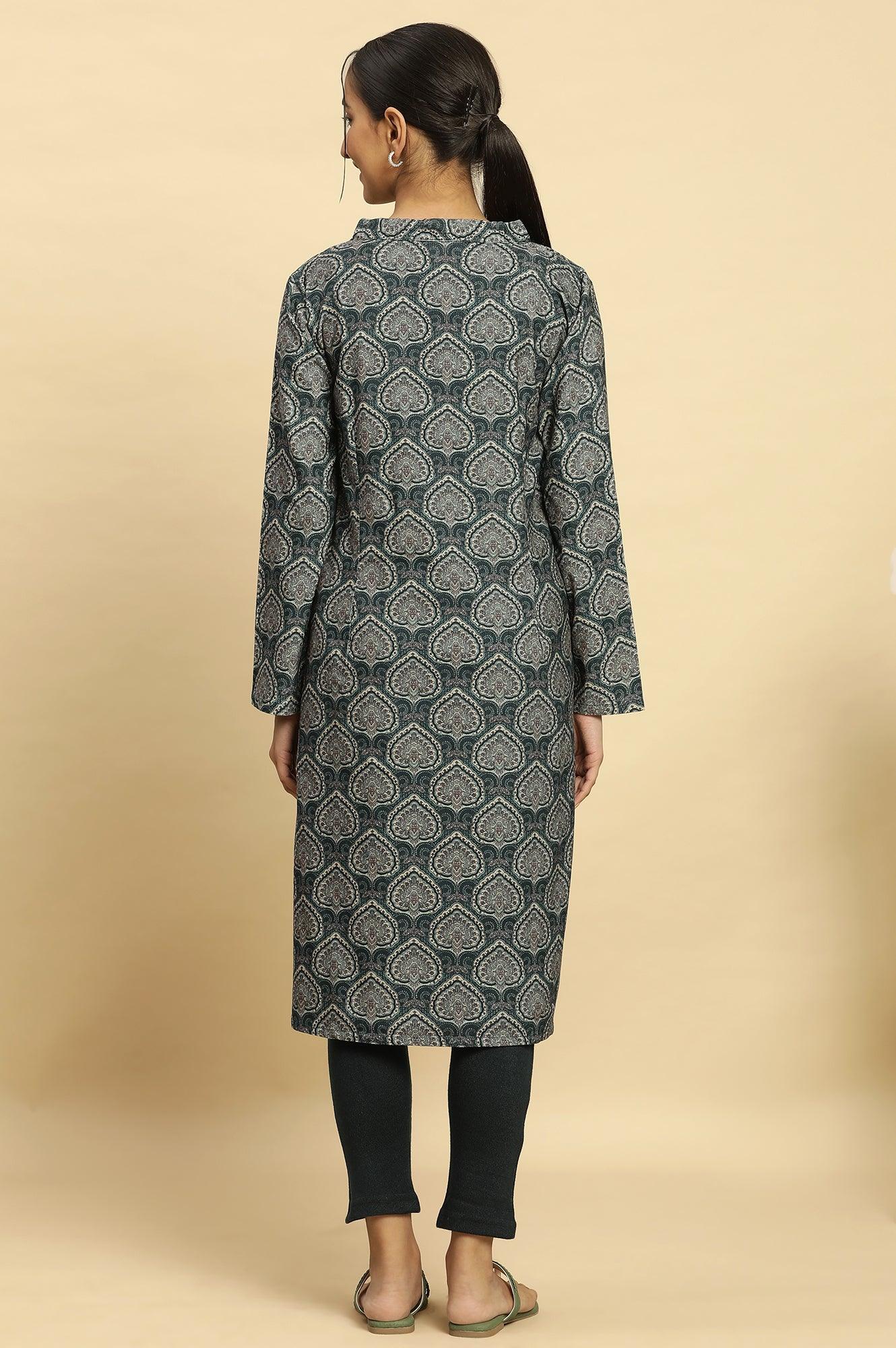 W for Woman Green Printed Winter Kurta And Tights Set