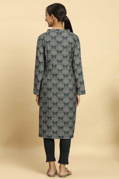 W for Woman Green Printed Winter Kurta And Tights Set