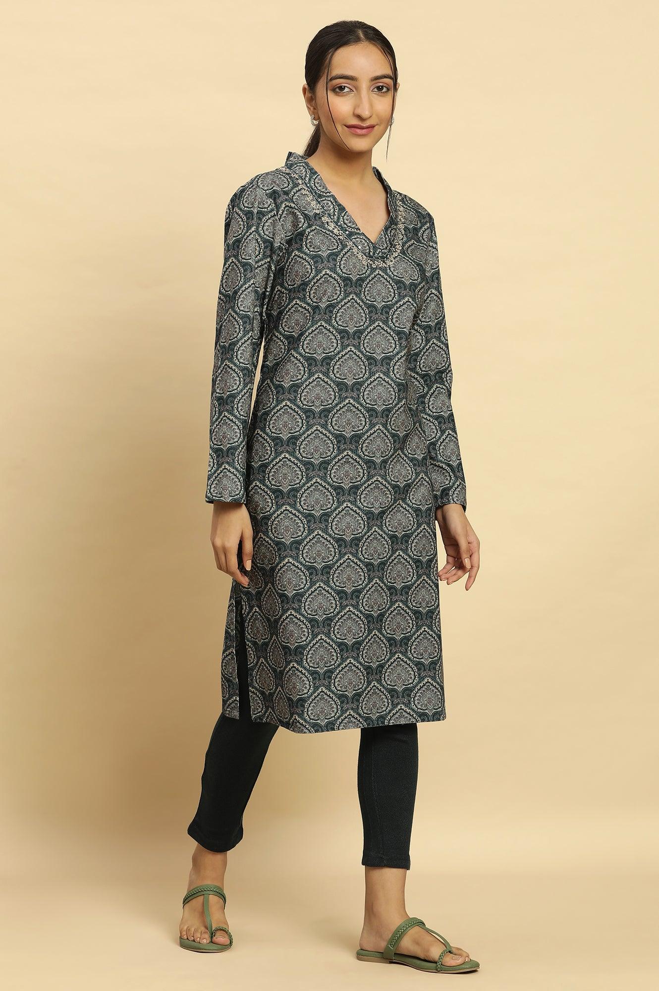 W for Woman Green Printed Winter Kurta And Tights Set