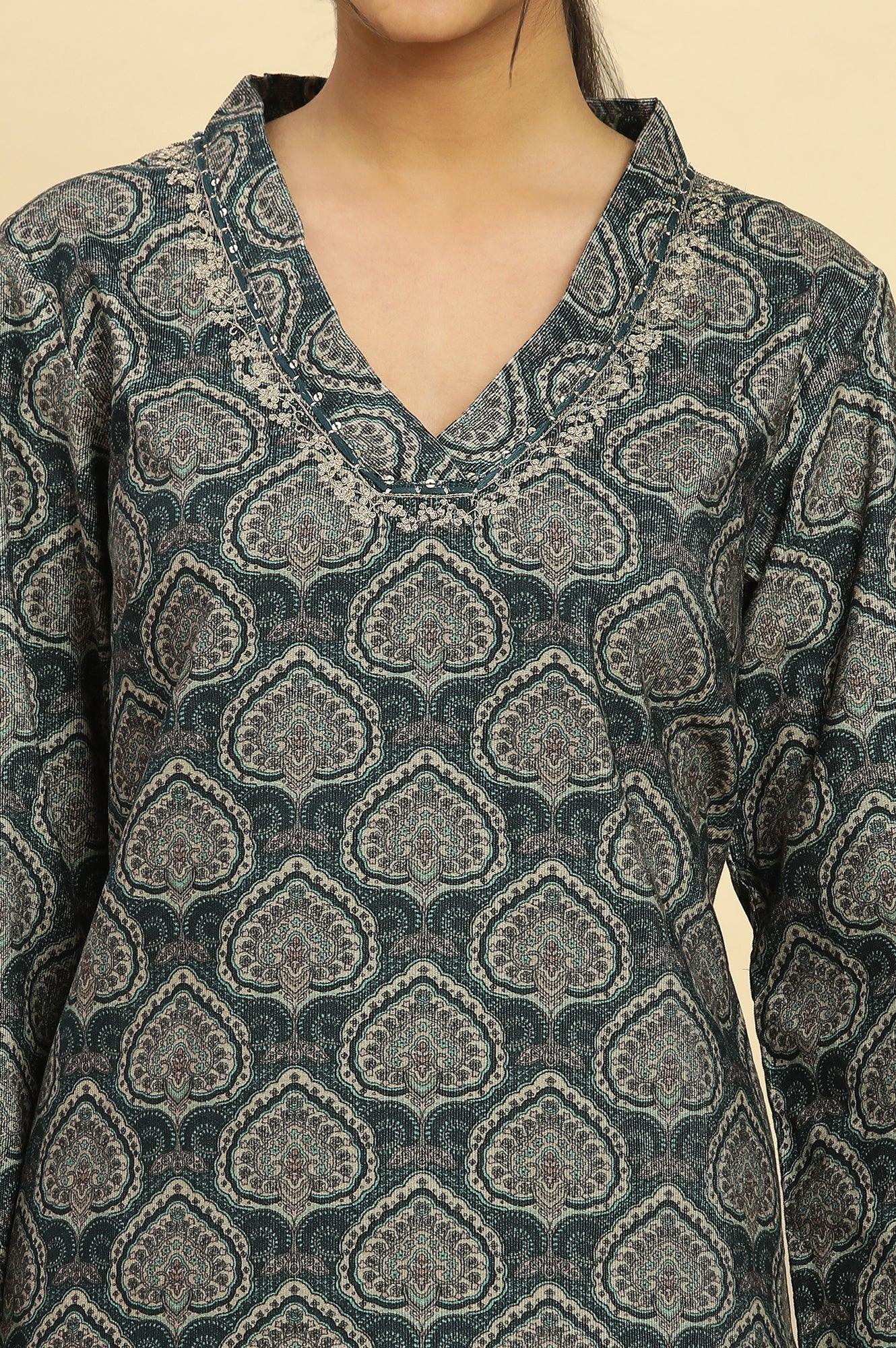 W for Woman Green Printed Winter Kurta And Tights Set
