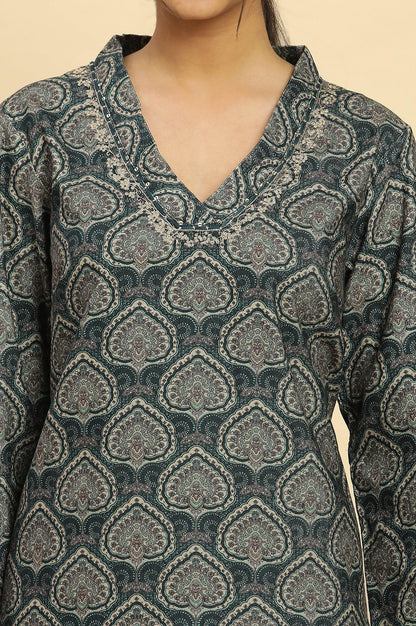 W for Woman Green Printed Winter Kurta And Tights Set