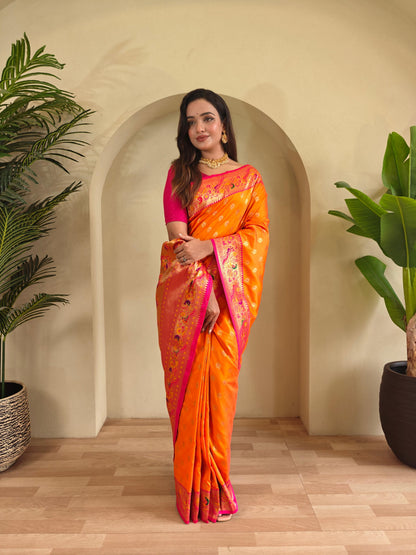 Mameraa Sarees Paithani Silk Blend Weaving Saree With Contrast Blouse-Yellow