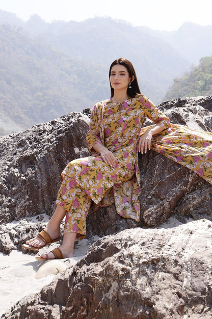 W for Woman Yellow Floral Printed Kurta, Pants and Dupatta Set