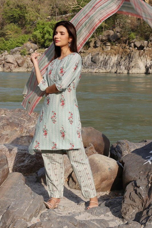 W for Woman Turquoise Green Floral Printed With Lace Pure Cotton Straight Kurta and Pants Set with Kota Dupatta